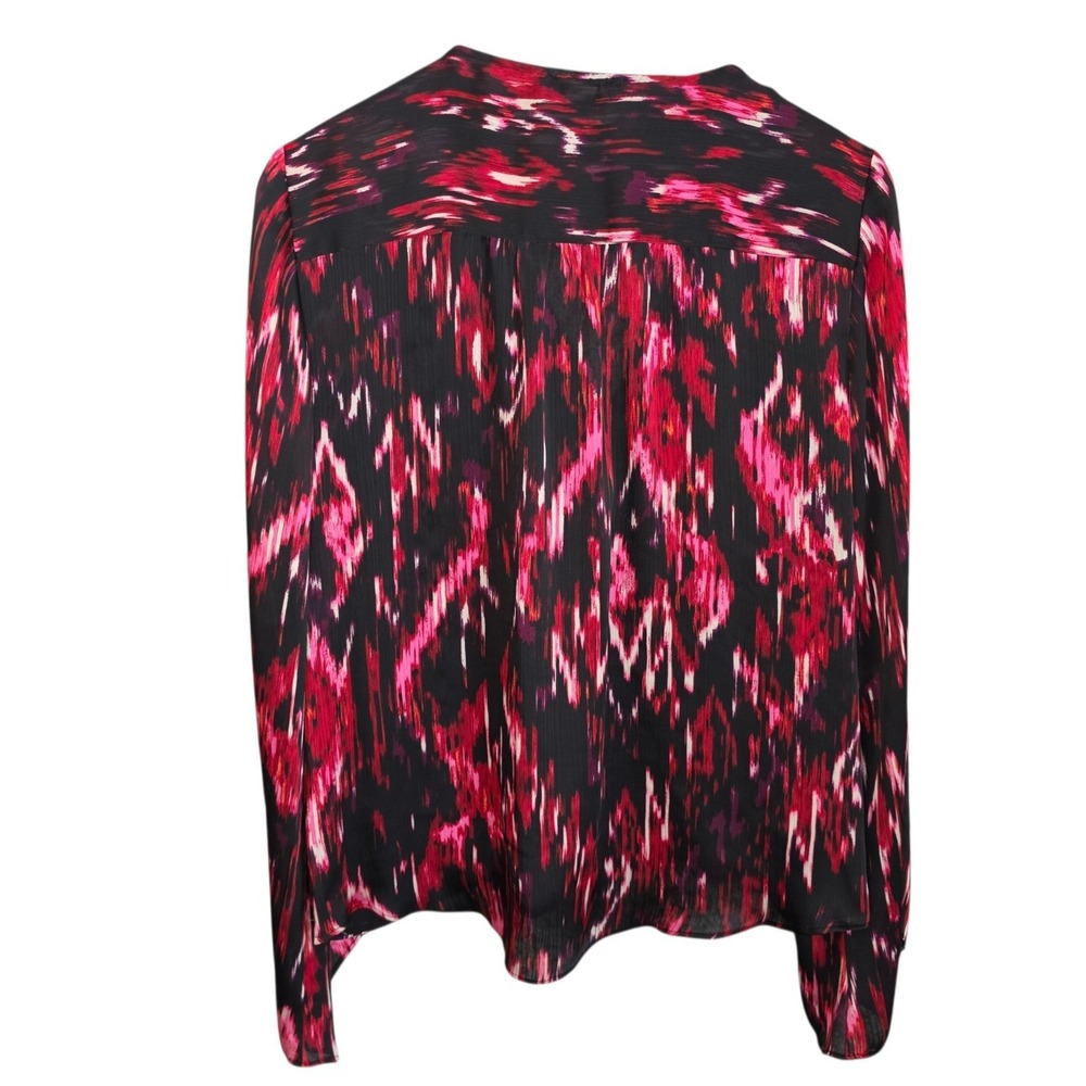 Vince Camuto Blouse M Pink Black Ikat Draped V Neck Long Sleeve Wrap Front Top - Picture 7 of 8